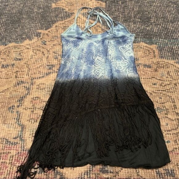 Free People light blue tie dye to ombre black lace cami with fringe accents 2 - Picture 5 of 16
